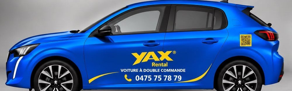 Peugeot 208 bleue à double commande aux couleurs de YAX Rental